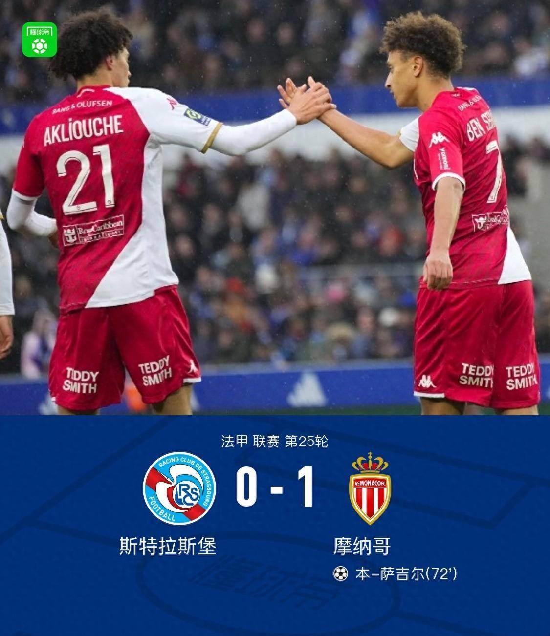 摩纳哥1-0斯特拉斯堡，本-萨吉尔一击制胜，南野拓实染黄